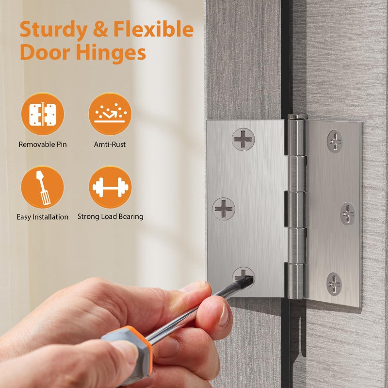 AmzGod Door Hinges Brushed Nickel - 6 Pack Nickel 3.5 Inch Interior Satin Nickel Door Hinges with Square Corner - 3 1/2 Inch Silver Hardware Door Hinge for Residential Standard Door - Image 2